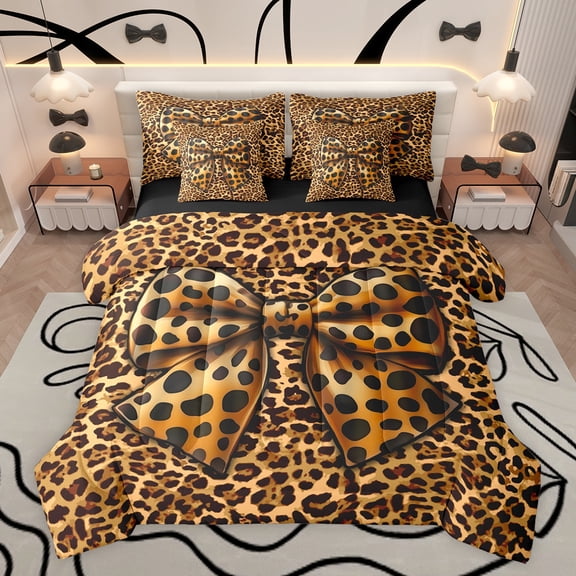 Castle Fairy Teenagers Cheetah Print Bowknot Bedding Comforter Set 7-Piece,Animal Leopard Print King Bedding Sets,Vintage Old Fashion Ultra Soft Bed Sheets,Microfiber Bedroom Decor,Reversible