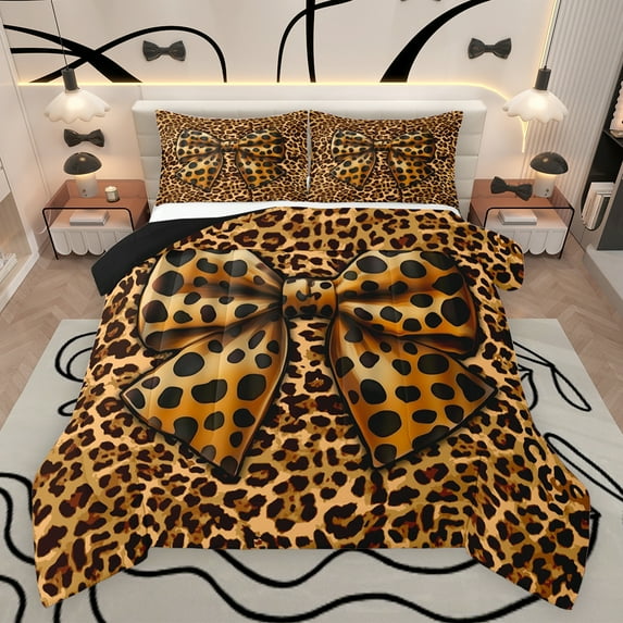 Castle Fairy Teenagers Cheetah Print Bowknot Full Size Comforter Sets 3-Piece,Animal Leopard Print Bedding Comforter Set,Vintage Old Fashion Lightweight Bedding Sets,Microfiber Bedroom Decor