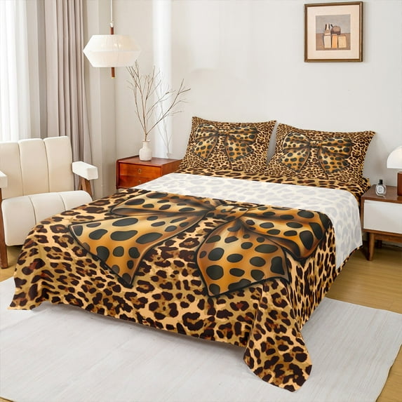 Castle Fairy Teenagers Cheetah Print Bowknot Full Size Sheets 4-Piece,Animal Leopard Print Breathable Bed Sheets,Vintage Old Fashion Lightweight Sheet Sets,Microfiber Bedroom Decor