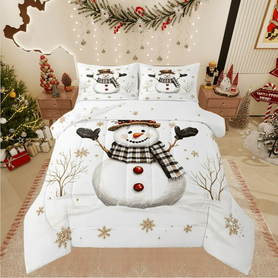 Castle Fairy Teenagers Christmas Snowman 3-Piece Full Size Comforter Sets,Winter Snowflakes Bedding Comforter Set,Happy New Year Lightweight Bedding Sets,Breathable Home Decor
