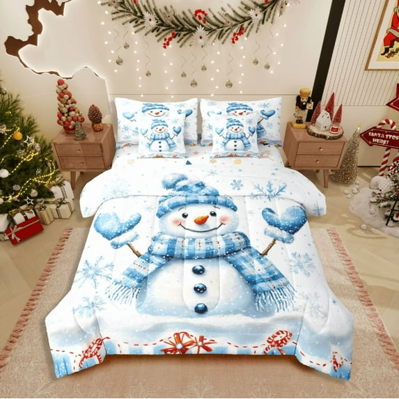 Castle Fairy Teenagers Christmas Snowman 7pcs Bedding Comforter Set,Winter Snowflakes Queen Bedding Sets Super Cozy,Happy New Year Queen Sheet Sets,Breathable Home Decor