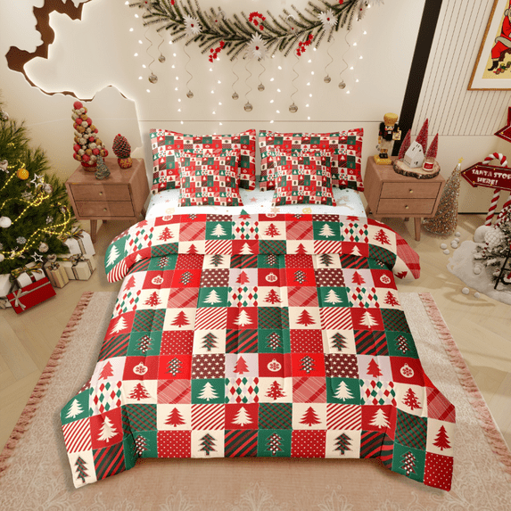 Castle Fairy Teenagers Christmas Tree 7-Piece Twin Bedding Sets,Geometric Lattice Bedding Comforter Set,Festival Xmas Breathable Sheet Sets,Luxury Bedroom Decor