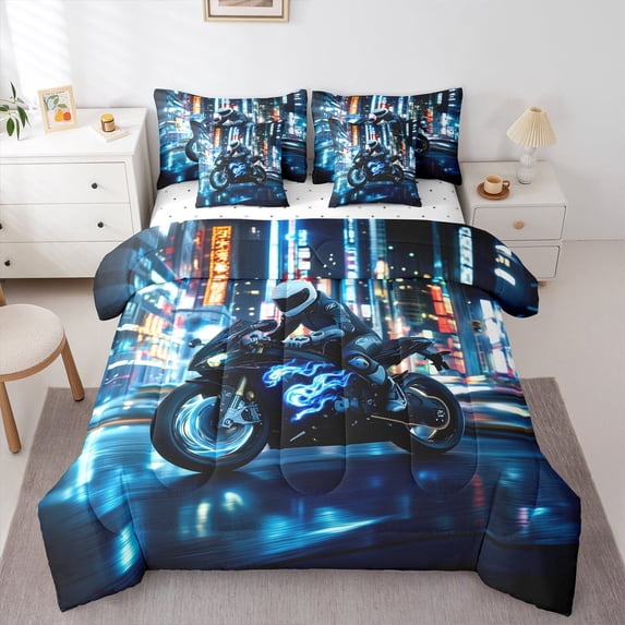 Castle Fairy Teenagers Dirt Bike 7-Piece Twin Bedding Sets,Extreme Sport Bedding Comforter Set,Abstract Motorcycle Breathable Sheet Sets,Microfiber Bedroom Decor