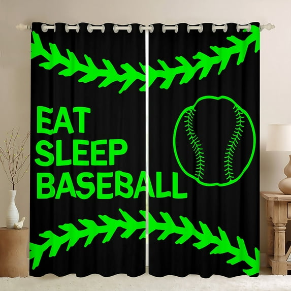 Castle Fairy Teenagers Eat Sleep Baseball Black Out Curtains,Sport Theme Curtains Pack of 2 (42x63 Each),Black Green Bedroom Curtains,Ultra Soft Home Decor