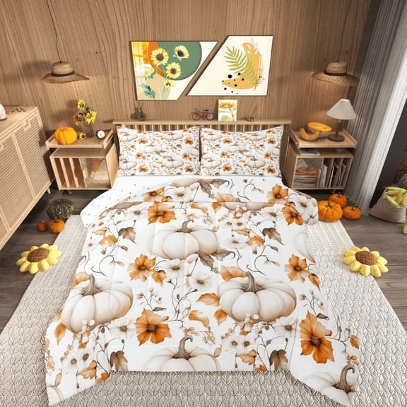 Castle Fairy Teenagers Floral Pumpkin 3-Piece Full Size Comforter Sets,Autumn Harvest Bedding Comforter Set,Botanical Plants Lightweight Bedding Sets,Luxury Bedroom Decor