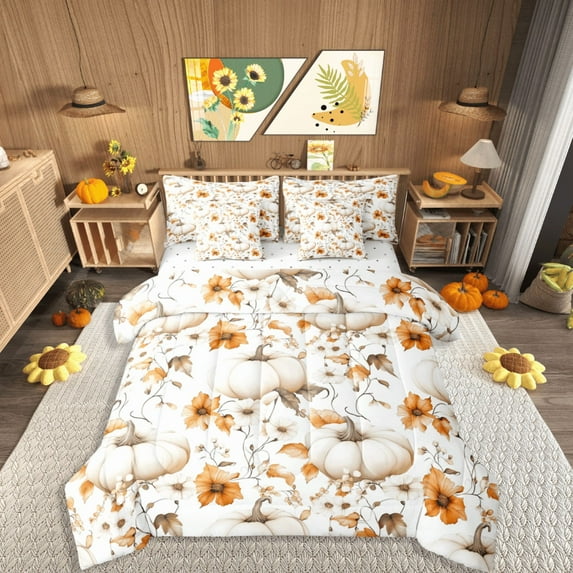 Castle Fairy Teenagers Floral Pumpkin 7-Piece Bedding Comforter Set,Autumn Harvest King Bedding Sets,Botanical Plants Ultra Soft Bed Sheets,Luxury Bedroom Decor