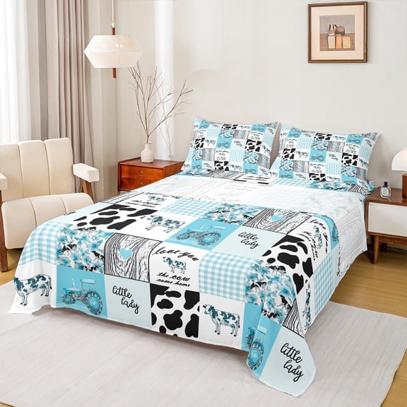 Castle Fairy Teenagers Flower Cow 3pcs Twin Sheet Sets,Geometric Plaid Twin Fitted Sheet,Cartoon Truck Breathable Flat Sheet,Microfiber Bedroom Decor