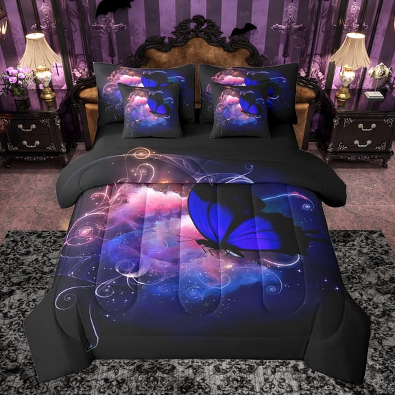 Castle Fairy Teenagers Flying Butterfly Bedding Comforter Set 7-Piece,Bling Starry Sky King Bedding Sets,Dreamy Princess Ultra Soft Bed Sheets,Super Cozy Room Decor,Reversible