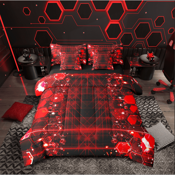 Castle Fairy Teenagers Geometric Hexagon 7-Piece Twin Bedding Sets,Black Grey Bedding Comforter Set,Abstract Stripes Breathable Sheet Sets,Super Cozy Room Decor