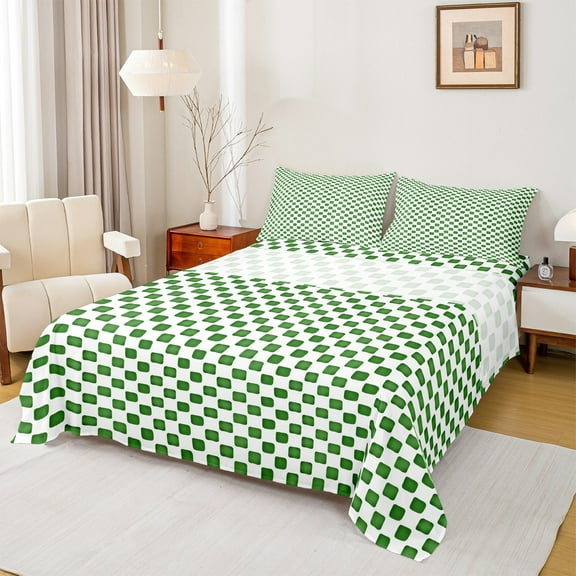 Castle Fairy Teenagers Geometric Lattice 4 Pieces Queen Sheet Sets,Minimalist Plaid Ultra Soft Flat Sheet,Green White Queen Fitted Sheet,Super Cozy Room Decor
