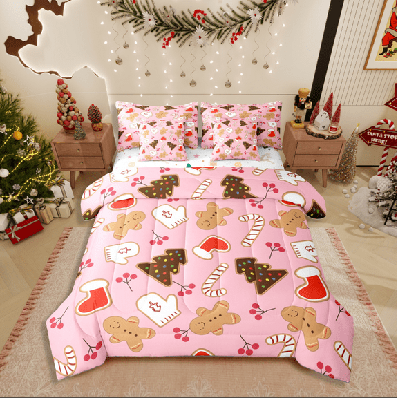 Castle Fairy Teenagers Gingerbread Man 7-Piece Twin Bedding Sets,Festival Xmas Bedding Comforter Set,Christmas Tree Breathable Sheet Sets,Lightweight Room Decor