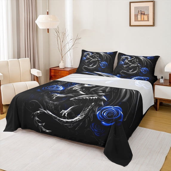 Castle Fairy Teenagers Gothic Dragon Bed Sheets,Abstract Blue Rose King Sheets