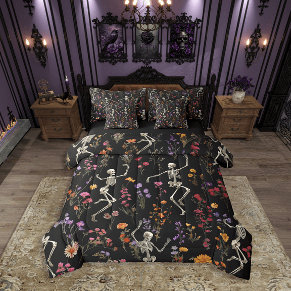 Castle Fairy Teenagers Gothic Skeleton 7-Piece Bedding Comforter Set,Happy Halloween King Bedding Sets,Chic Flower Ultra Soft Bed Sheets,Breathable Home Decor