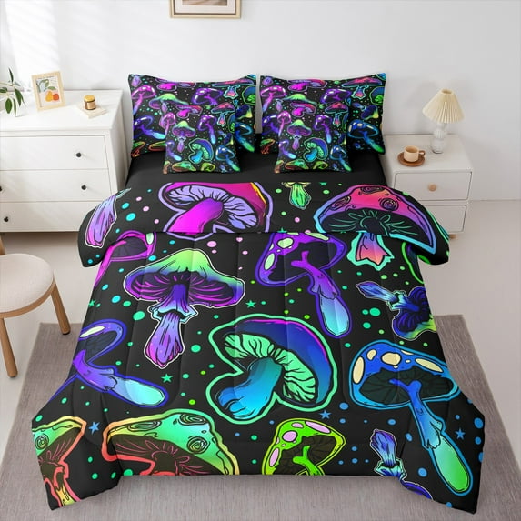 Castle Fairy Teenagers Gradient Mushroom 7-Piece Bedding Comforter Set,Botanical Plants King Bedding Sets,Polka Dots Ultra Soft Bed Sheets,Luxury Bedroom Decor