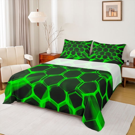 Castle Fairy Teenagers Green Hexagon Twin Sheet Sets,Geometric Honeycomb Bedding