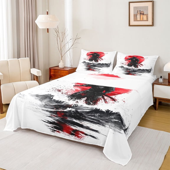 Castle Fairy Teenagers Japanese Samurai Bed Sheets,Black Red King Sheets