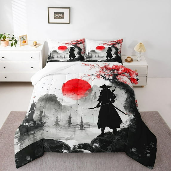 Castle Fairy Teenagers Japanese Samurai Full Size Comforter Sets,Black Red Bedding Sets