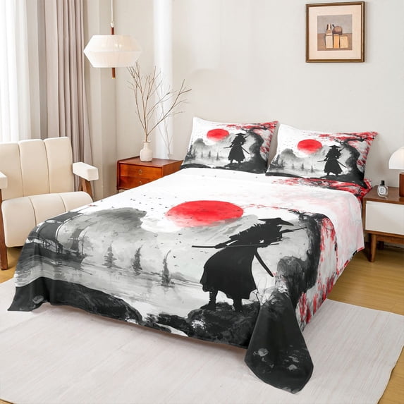 Castle Fairy Teenagers Japanese Samurai Queen Sheet Sets,Black Red Bed Set