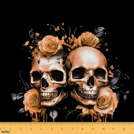 Castle Fairy Teenagers Orange Skull Fabric by the Yard 10 Yards,Floral Rose Room Decor Fabric by the Yard,Gothic Style Fabric for Sewing,Microfiber Bedroom Decor