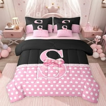 Castle Fairy Teenagers Pink Bowknot Letter Monogrammed S Twin Bedding Sets 7-Piece,White Polka Dots Bedding Comforter Set Microfiber,Retro Vintage Aesthetic Breathable Sheet Sets