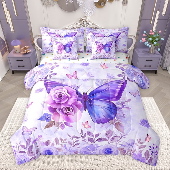 Castle Fairy Teenagers Purple Floral Flying Butterflies Twin Bedding Sets 7-Piece,Chic Flower Rose Bedding Comforter Set Microfiber,Spring Garden Dreamy Princess Breathable Sheet Sets