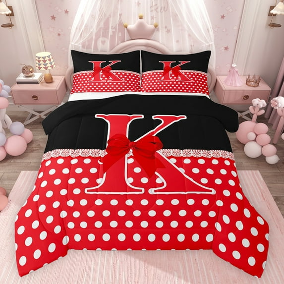 Castle Fairy Teenagers Red Bowknot Letter Monogrammed K Bedding Comforter Set 2pcs,White Polka Dots Twin Comforter Sets Microfiber,Retro Vintage Aesthetic Breathable Bedding Set