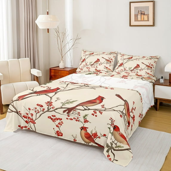 Castle Fairy Teenagers Red Sparrows 3pcs Twin Sheet Sets,Tree Branches Twin Fitted Sheet,Merry Christmas Breathable Flat Sheet,Super Cozy Room Decor