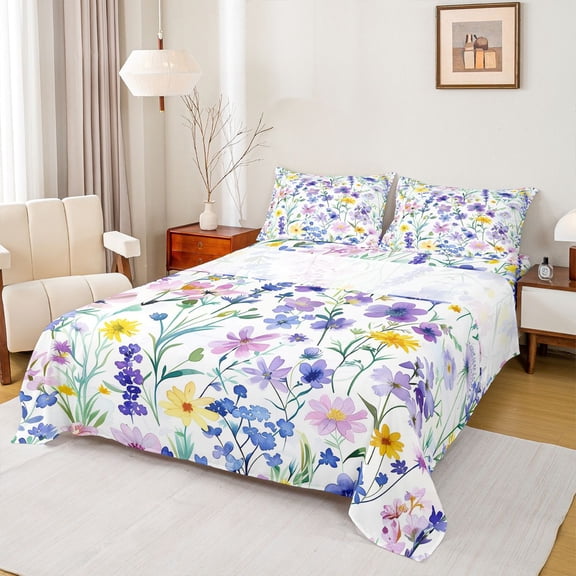 Castle Fairy Teenagers Spring Garden Flowers Full Size Sheets 4-Piece,Vintage Chic Floral Breathable Bed Sheets,Watercolor Purple Blossoms Lightweight Sheet Sets,Breathable Home Decor
