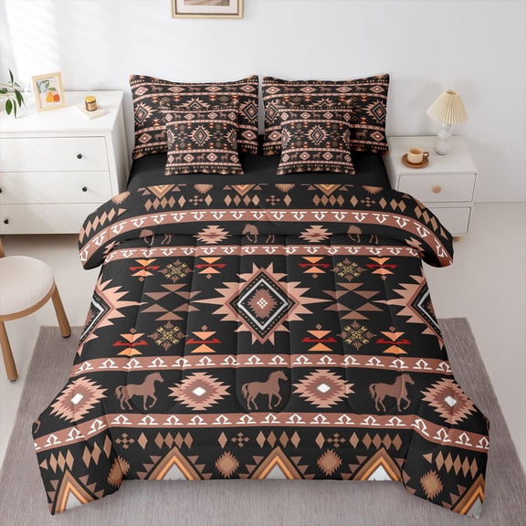 Castle Fairy Teenagers Tribal Aztec Bedding Comforter Set,Western Horse King Bedding Sets