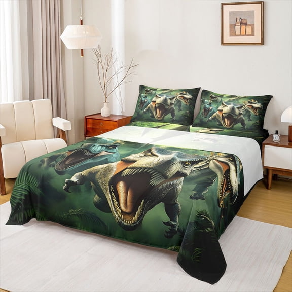 Castle Fairy Teenagers Wild Dinosaur Bed Sheets,Jungle Wildlife Dino King Sheets