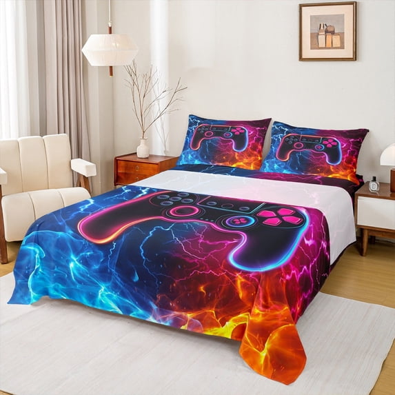 Castle Fairy Teens Abstract Gamepads 3pcs Twin Sheet Sets,Gradient Lightning Twin Fitted Sheet,Video Game Breathable Flat Sheet,Luxury Bedroom Decor