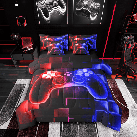Castle Fairy Teens Abstract Gamer 7pcs Bedding Comforter Set,Gradient Gamepads Queen Bedding Sets Super Cozy,Futuristic Cubes Queen Sheet Sets,Galaxy Bedroom Decor