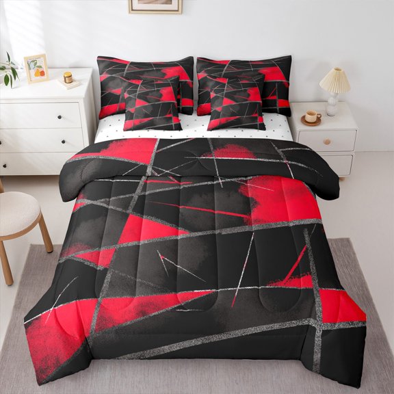 Castle Fairy Teens Abstract Geometric Bedding Comforter Set 7-Piece,Vintage Aesthetic King Bedding Sets,Black Red Ultra Soft Bed Sheets,Lightweight Room Decor,Reversible