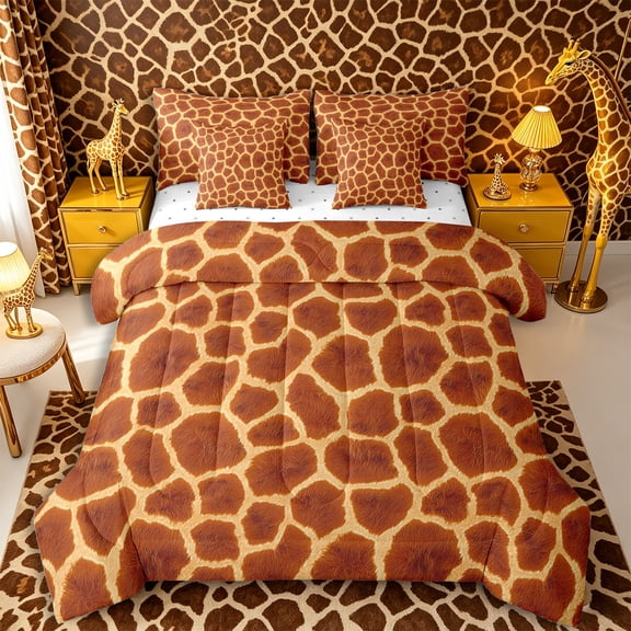 Castle Fairy Teens Abstract Giraffe Full Size Bedding Sets 7 Pieces,Animal Print Full Size Bed in a Bag,Rust Orange,Reversible