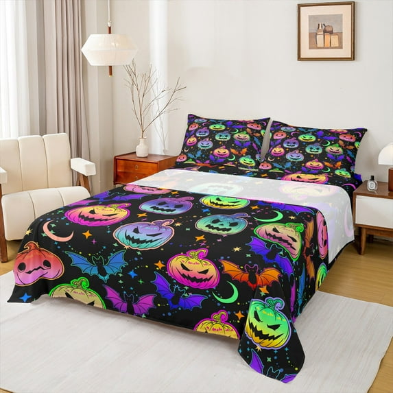 Castle Fairy Teens Abstract Pumpkin 4 Pieces Queen Sheet Sets,Spooky Animal Bats Ultra Soft Flat Sheet,Happy Halloween Queen Fitted Sheet,Lightweight Room Decor