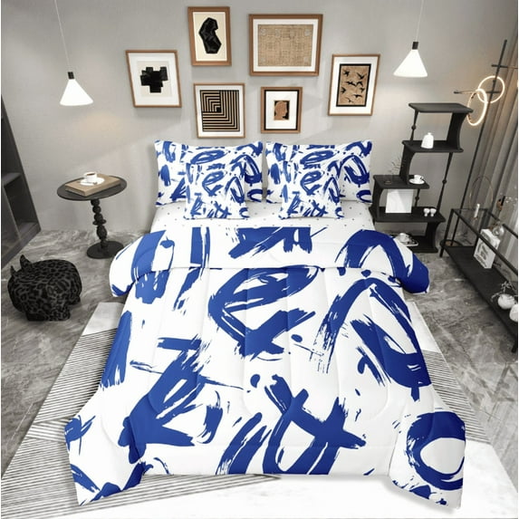 Castle Fairy Teens Abstract Stripes 7-Piece Bedding Comforter Set,Vintage Aesthetic King Bedding Sets,Blue White Ultra Soft Bed Sheets,Breathable Home Decor