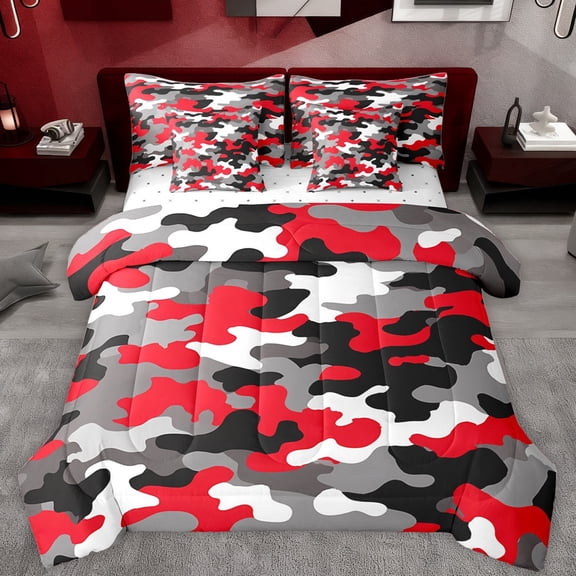 Castle Fairy Teens Adults Abstract Camouflage Bedding Comforter Set 7 Pieces,Black Red Grey Full Bedding Set Lightweight,Geometric Camo Fitted Sheet Flat Sheet,Super Cozy Room Decor,Reversible