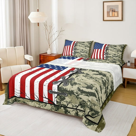 Castle Fairy Teens Adults Abstract Camouflage Twin Sheet Sets 3pcs,USA Flag Twin Fitted Sheet Microfiber,Retro Vintage Breathable Flat Sheet,Super Cozy Room Decor