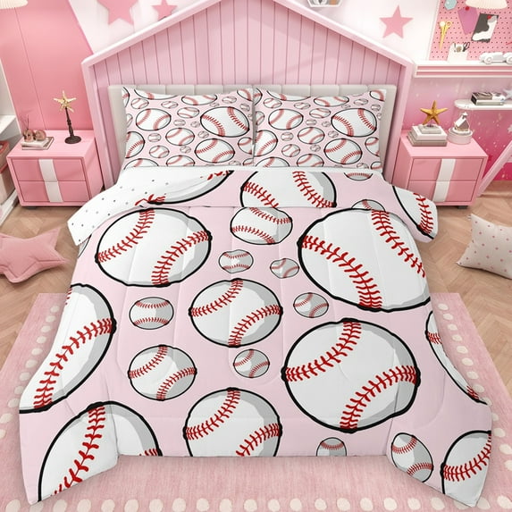 Castle Fairy Teens Adults Baseball Gamer Bedding Comforter Set 2pcs,Sport Gamer Twin Comforter Sets Microfiber,Pink Red White Breathable Bedding Set,Breathable Home Decor,Reversible