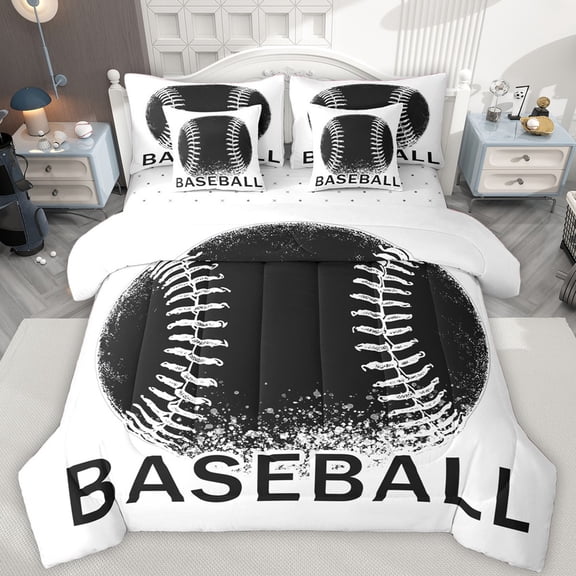 Castle Fairy Teens Adults Baseball Gamer Bedding Comforter Set 7-Piece,Black White King Bedding Sets,Sport Theme Ultra Soft Bed Sheets,Breathable Home Decor,Reversible