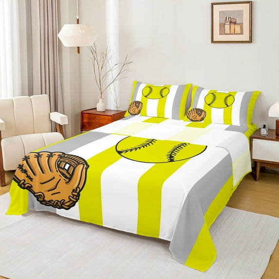 Castle Fairy Teens Adults Baseball Gamer Full Size Sheets 4-Piece,Sport Game Breathable Bed Sheets,Abstract Geometric Stripes Lightweight Sheet Sets,Breathable Home Decor