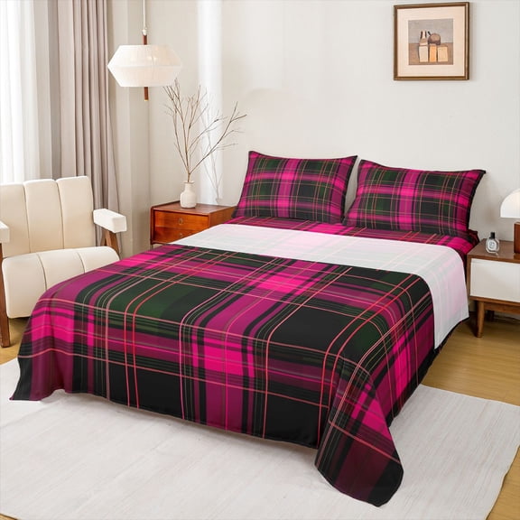 Castle Fairy Teens Adults Black Pink Checkered Bed Sheets,Stripes Plaid King Sheets