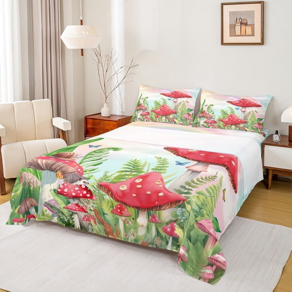 Castle Fairy Teens Adults Botanical Red Mushroom Twin Sheet Sets 3pcs,Green Leaves Twin Fitted Sheet Microfiber,Cartoon Kawaii Plants Breathable Flat Sheet,Microfiber Bedroom Decor