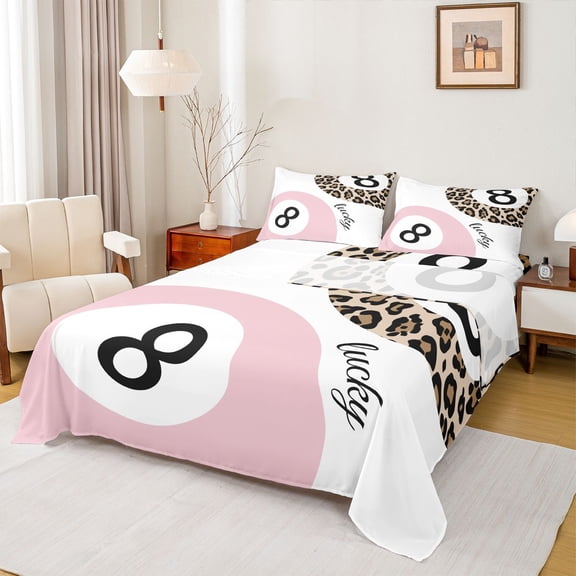 Castle Fairy Teens Adults Brown Leopard Print 4 Pieces Queen Sheet Sets,Ball Gamer Ultra Soft Flat Sheet,Sport Billiards Queen Fitted Sheet,Microfiber Bedroom Decor