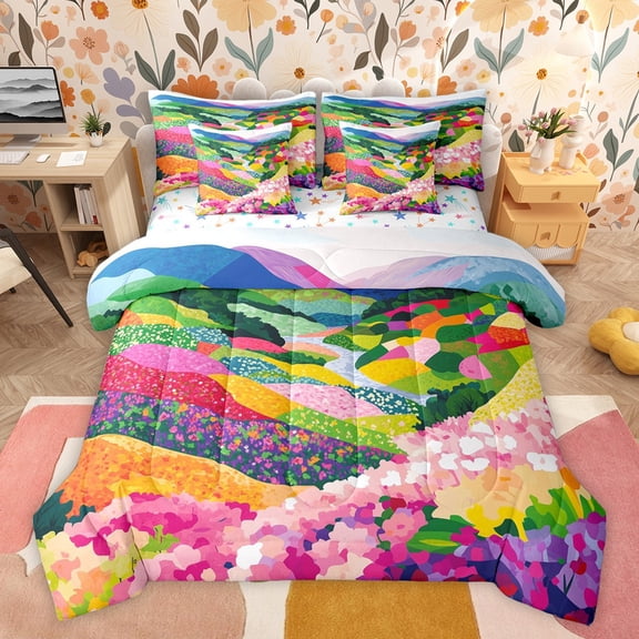 Castle Fairy Teens Adults Colorful Flowers Twin Bedding Sets 7-Piece,Spring Garden Floral Bedding Comforter Set Microfiber,Abstract Gradient Blossoms Breathable Sheet Sets,Lightweight Room Decor