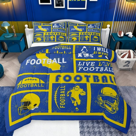 Castle Fairy Teens Adults Football Print Bedding Comforter Set 2pcs,Sport Gamer Twin Comforter Sets Microfiber,Blue Yellow Breathable Bedding Set,Breathable Home Decor,Reversible