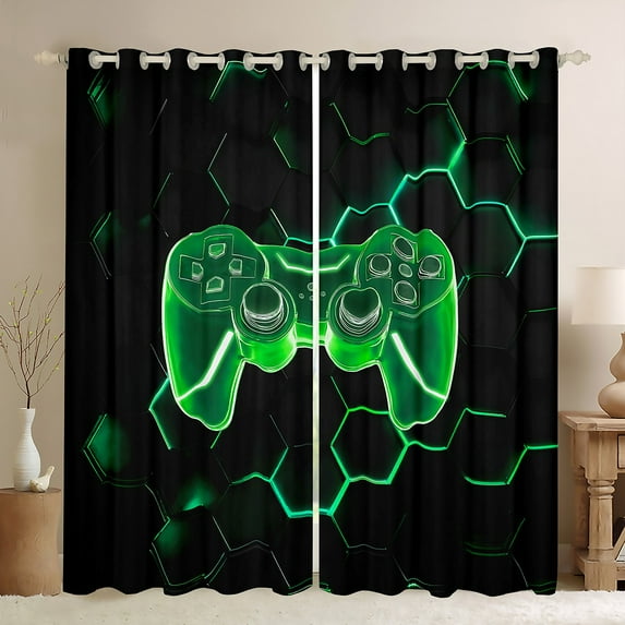 Castle Fairy Teens Adults Green Gamepads Blackout Curtains Set of 2 (52x84 Each),Video Game Window Curtains,Geometric Hexagon Curtains and Drapes,Ultra Soft Home Decor