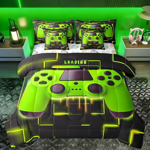 Castle Fairy Teens Adults Green Gamepads Twin Bedding Sets 7-Piece,Video Game Bedding Comforter Set Microfiber,Geometric Plaid Breathable Sheet Sets,Ultra Soft Home Decor,Reversible