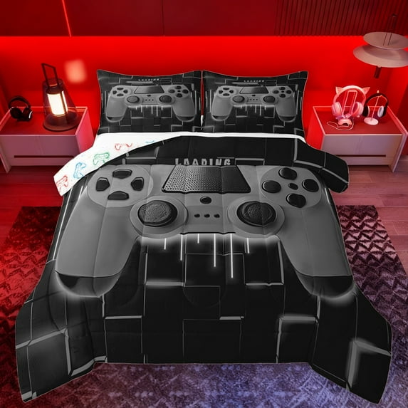 Castle Fairy Teens Adults Grey Gamepads 3 Pieces Queen Comforter Set,Video Game Ultra Soft Bedding Sets,Geometric Plaid Bedding Comforter Set Breathable,Ultra Soft Home Decor,Reversible