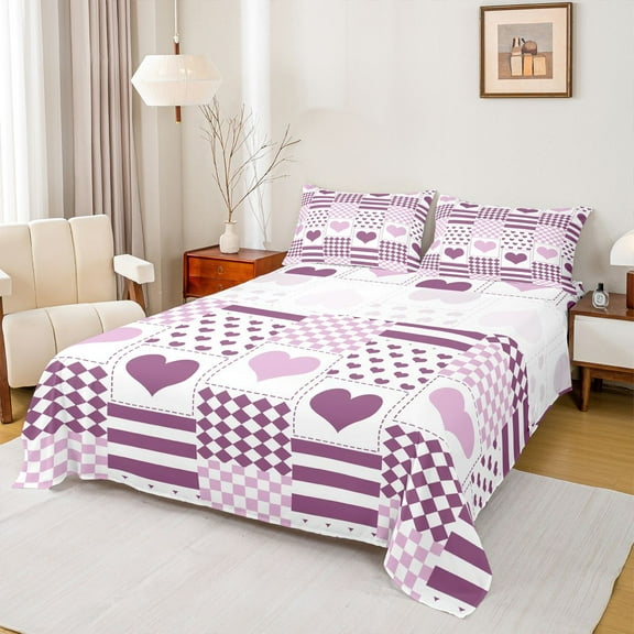 Castle Fairy Teens Adults Love Heart Print 4pcs Bed Sheets,Geometric Plaid Stripes King Sheets,Happy Valentine's Day Super Cozy Sheet Set,Luxury Bedroom Decor